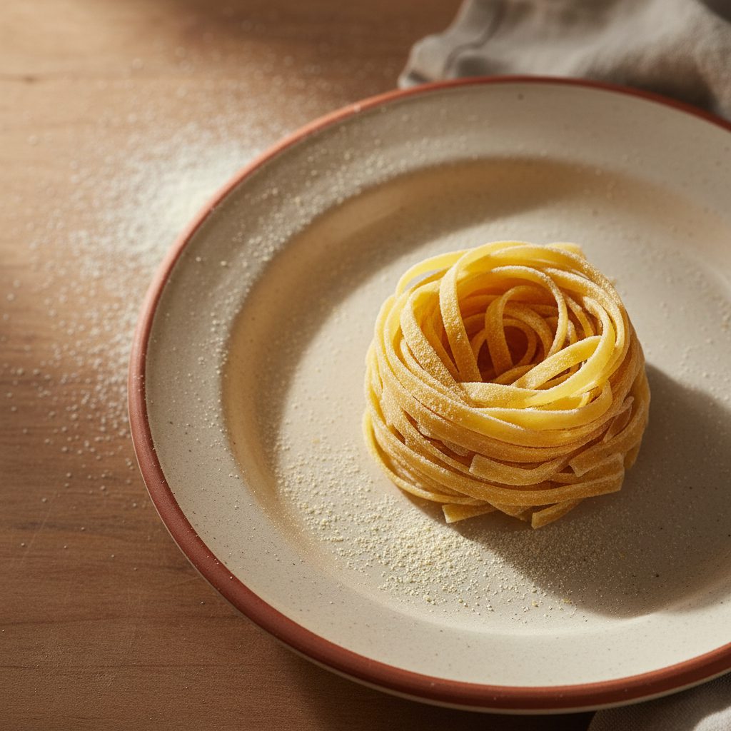 A nest of hand-rolled tagliatelle dusted with semola flour