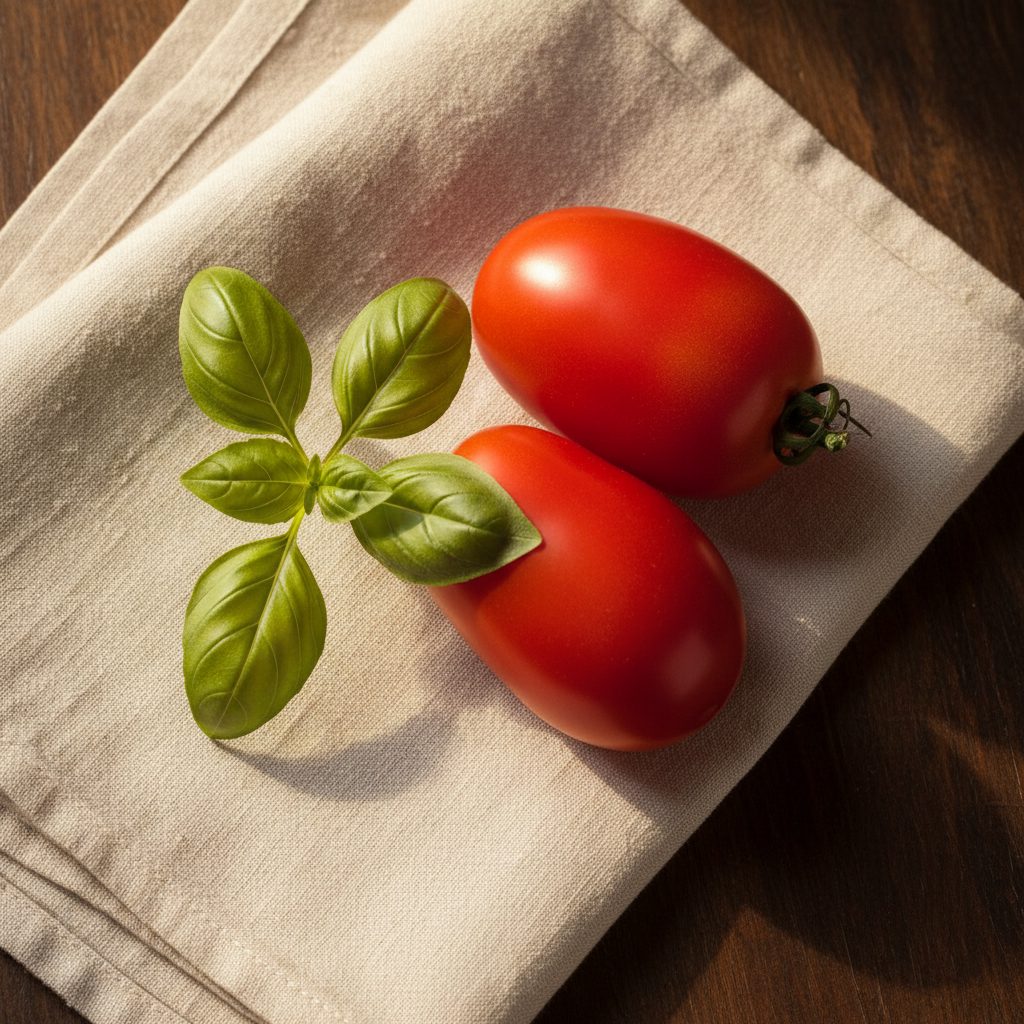 Fresh basil and San Marzano tomatoes on linen